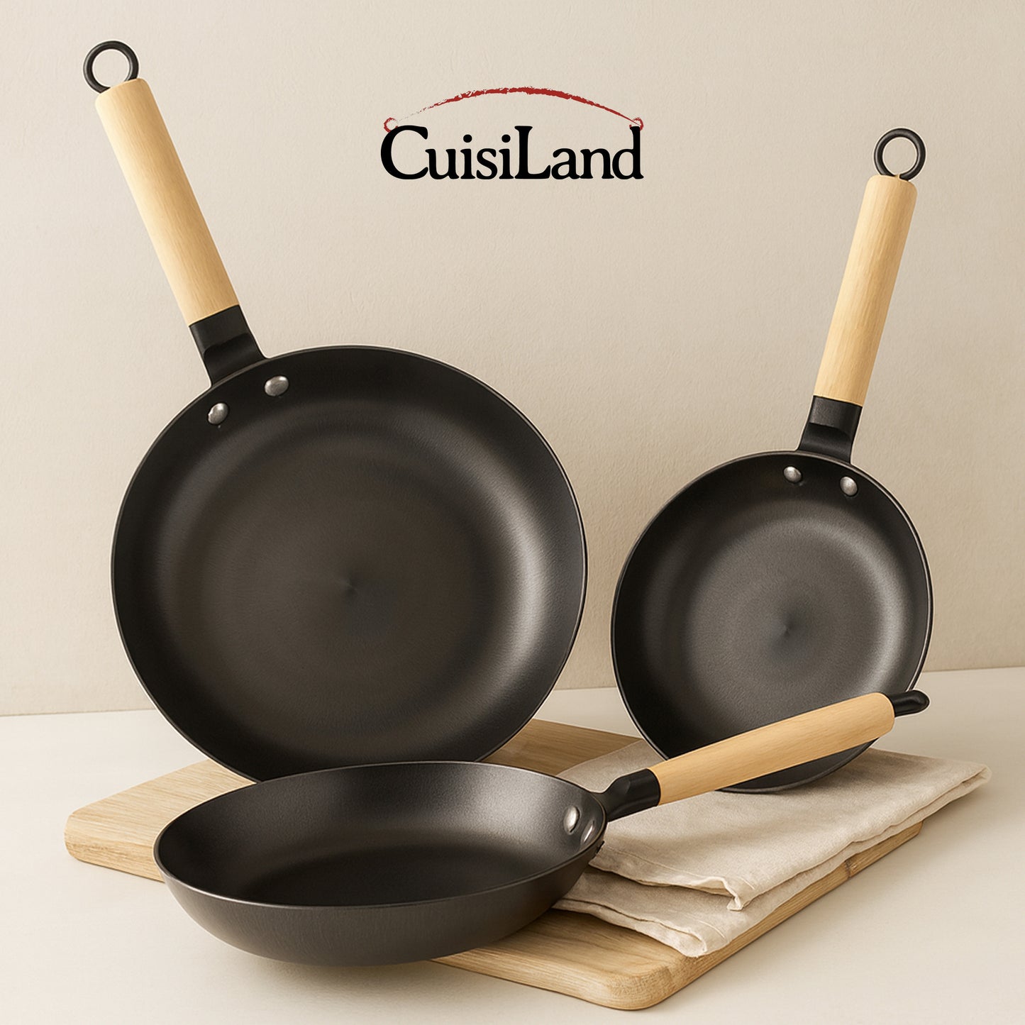 Cuisiland 8”, 9.5”, 10.25” Nitrided Cast Iron Frying Pan Set