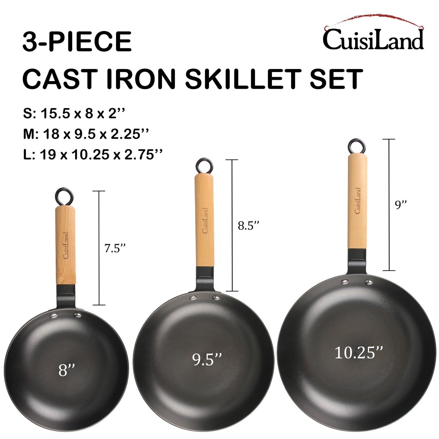 Cuisiland 8”, 9.5”, 10.25” Nitrided Cast Iron Frying Pan Set