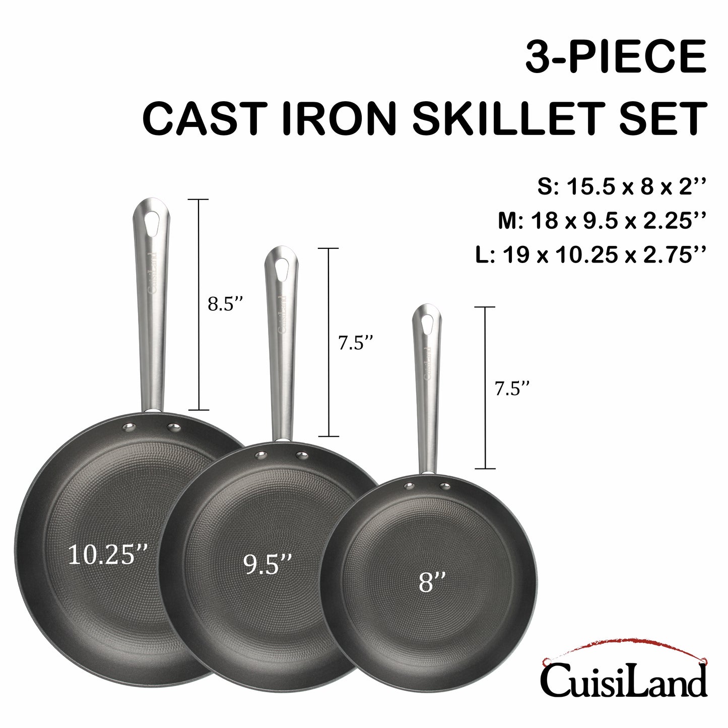 Cuisiland 8", 9.5", 10.25" Honeycomb Cast Iron Frying Pan Set