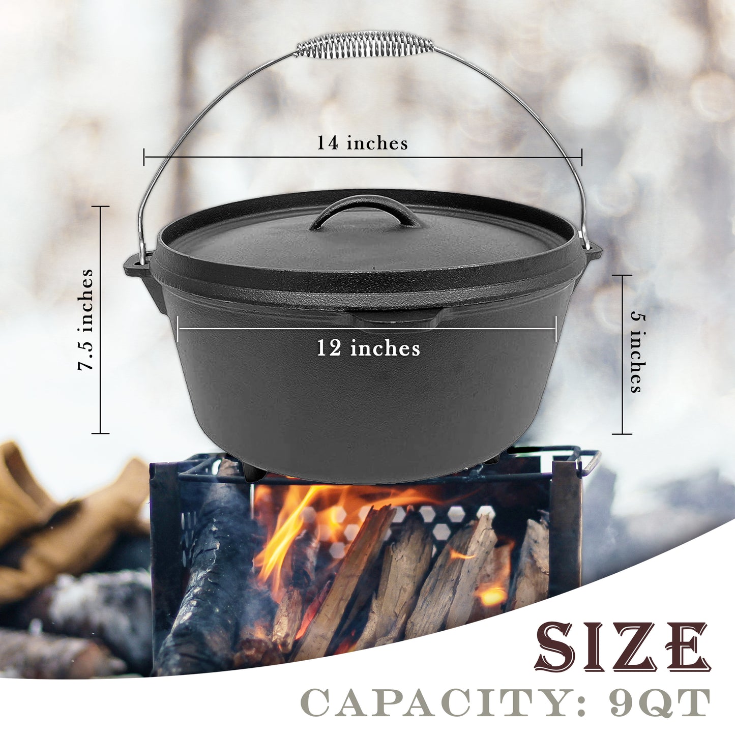 9QT Pre-seasoned Dutch Oven - Lip Lid, Tripod Legs