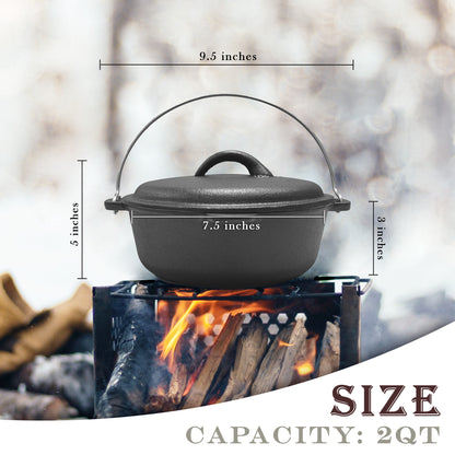 2QT Pre-seasoned Dutch Oven - Dome Lid, Flat Base
