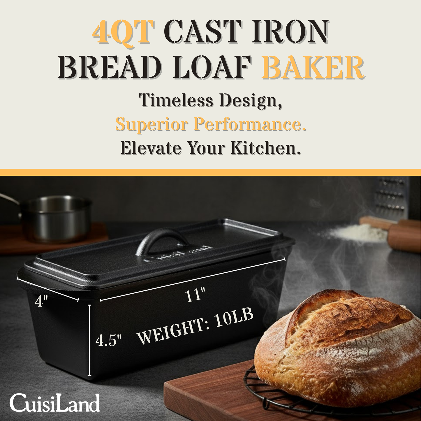 Cuisiland Cast Iron Rectangular Bread Loaf Pan, Heavy Duty 11x4.75x4,25" (14"L/Handles)  with Lid