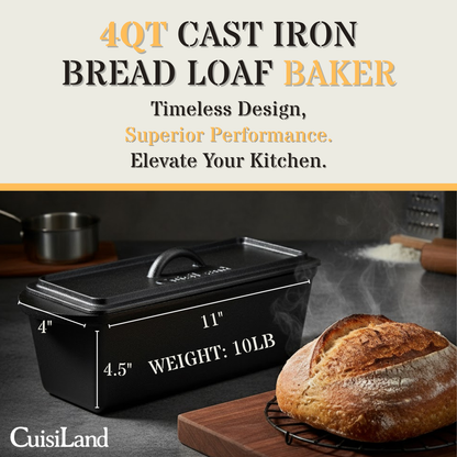 Cuisiland Cast Iron Rectangular Bread Loaf Pan, Heavy Duty 11x4.75x4,25" (14"L/Handles)  with Lid