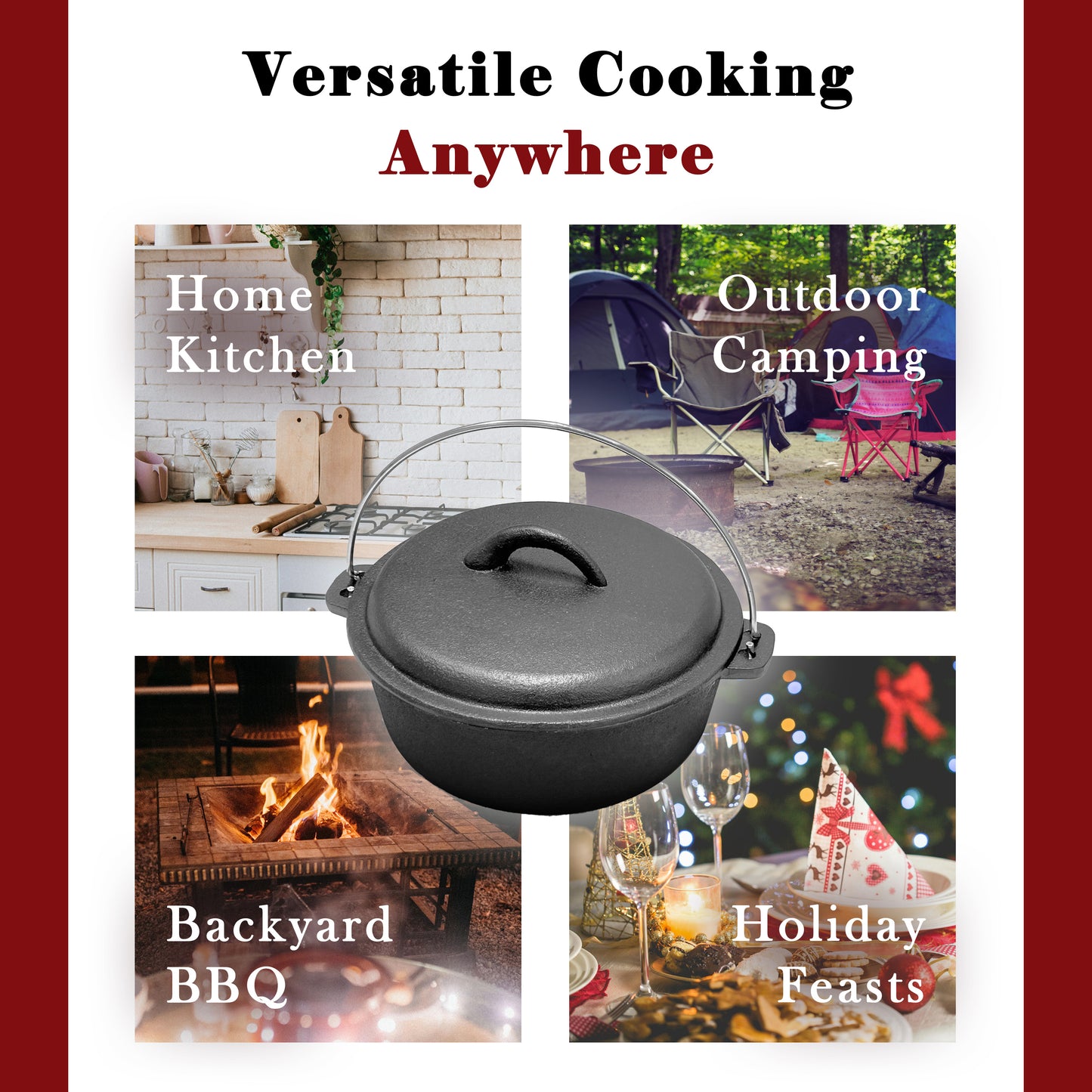 2QT Pre-seasoned Dutch Oven - Dome Lid, Flat Base