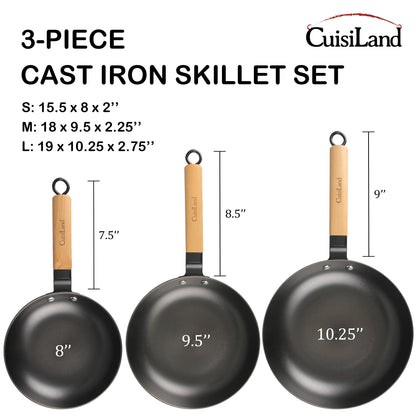 Cuisiland 8”, 9.5”, 10.25” Nitrided Cast Iron Frying Pan Set