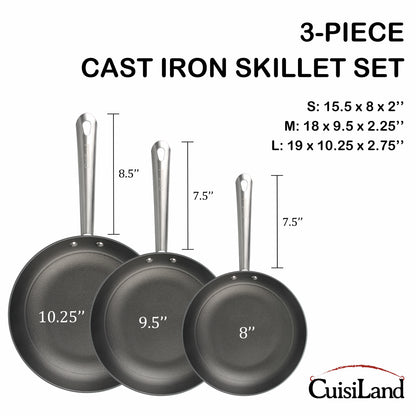 Cuisiland 8", 9.5", 10.25" Honeycomb Cast Iron Frying Pan Set