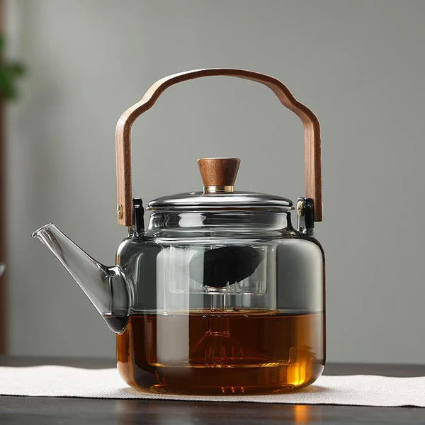 Borosilicate Glass Teapot in Dark Grey Tone with Wooden Handle; Removable Boiling and Steaming Glass Filters (1200ml)