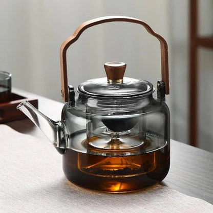 Smokey dark transparent borosilicate glass teapot with dual filter and wooden handle