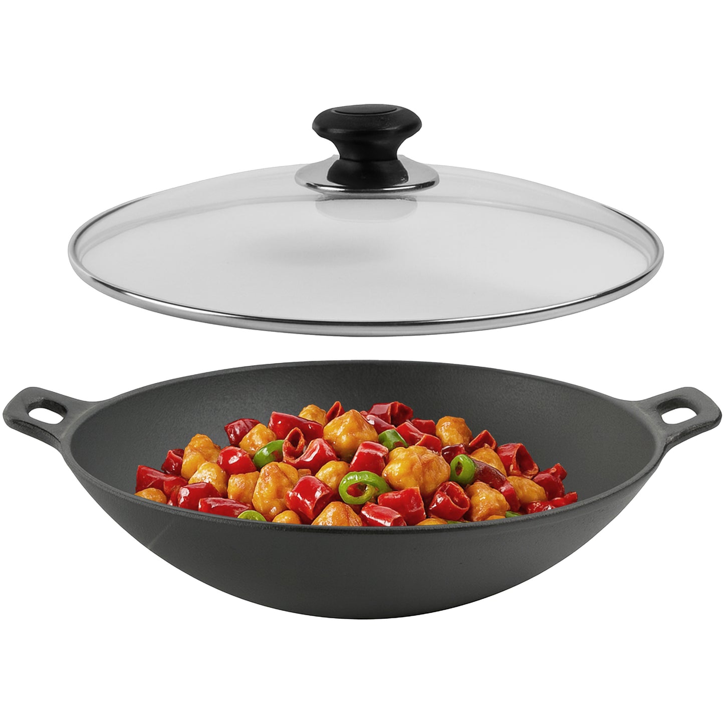 CuisiLand Pre-Seasoned Cast Iron Wok with Glass Lid (12")