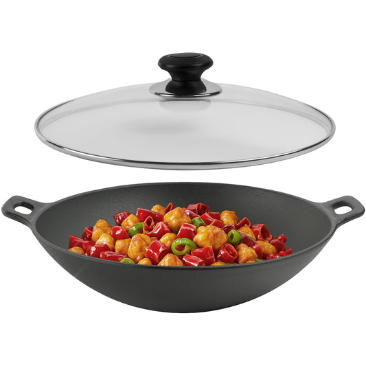 CuisiLand Pre-Seasoned Cast Iron Wok with Glass Lid (12")