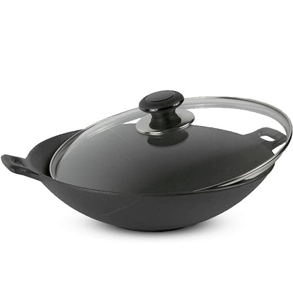 CuisiLand Pre-Seasoned Cast Iron Wok with Glass Lid (12")