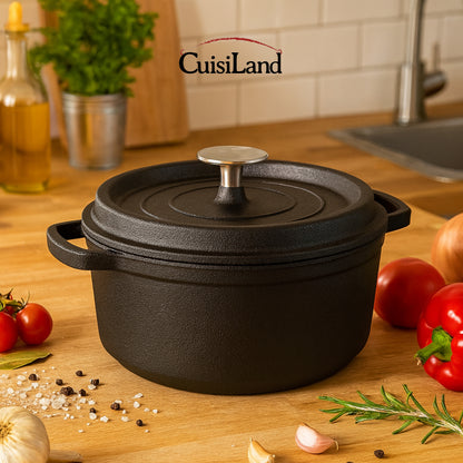 Cuisiland 4QT Cast Iron Dutch Oven with Lid – Pre-Seasoned Heavy-Duty Casserole Pot with Dual Handles & Stainless Steel Knob