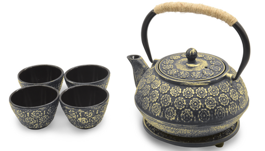 1.0 Liter Enamel Coated Cast Iron Sakura Blossom Teapot Set with 4 Cups and Stand (Gold)