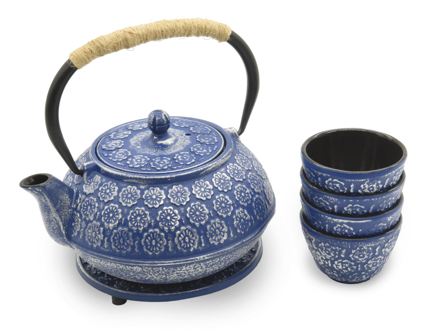 1.0 Liter Enamel Coated Cast Iron Sakura Blossom Teapot Set with 4 Cups and Stand (Blue)