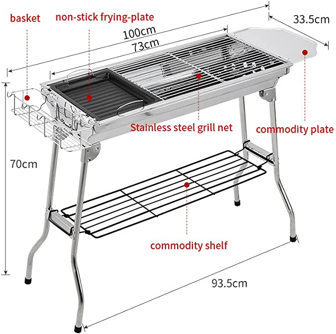 Cuisiland Lightweight Portable Foldable Stainless Steel Charcoal BBQ Grill with Basket for Backyards, Parks, Patios, Campings, Outdoor Travels