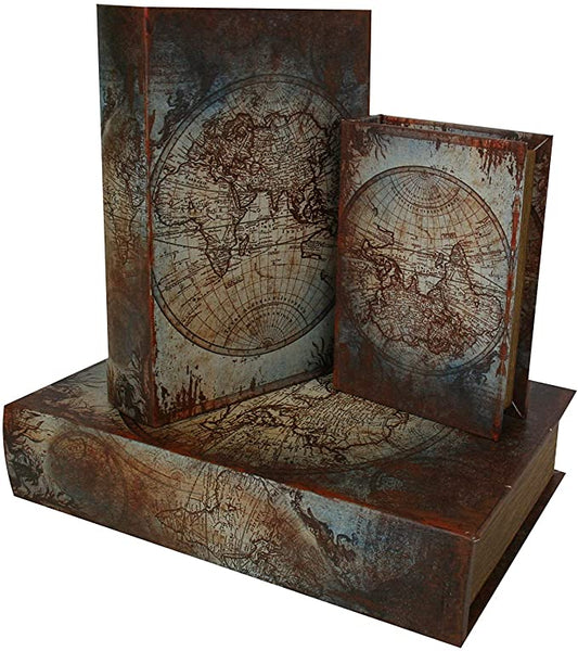 Rusty Map Look Lined Book Box Set w/ Magnet, S/3